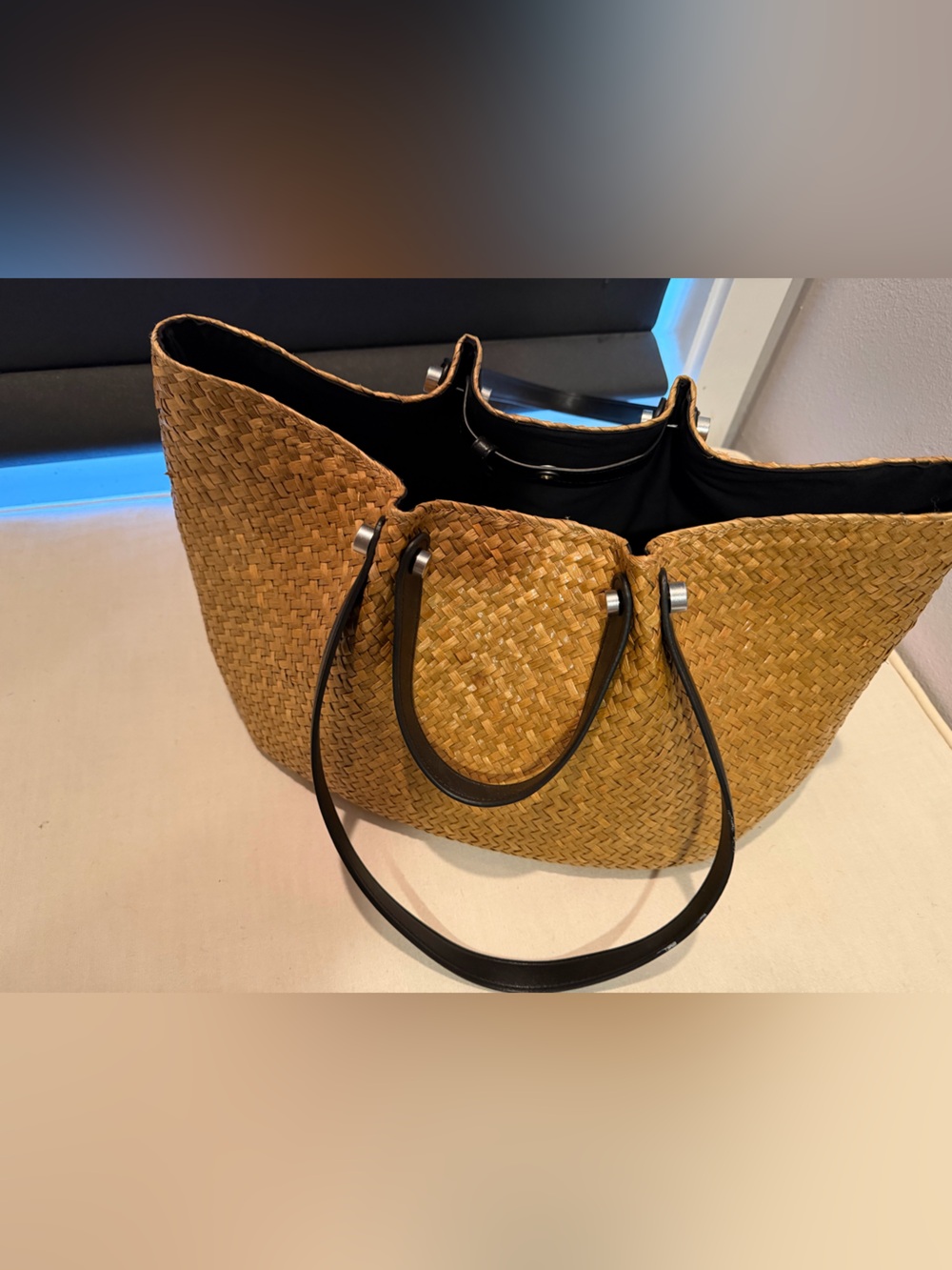 AllSaints Woven Straw Tote in Natural Tan with Black Handles - Picture 5 of 6